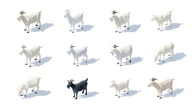 Set of low poly goats in different poses and angles isolated on light background.