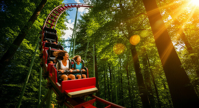 Mother and daughter riding a roller coaster through a lush green forest. They are laughing and enjoying a sunny adventure. Fun family vacation concept, ideal for travel and leisure marketing.