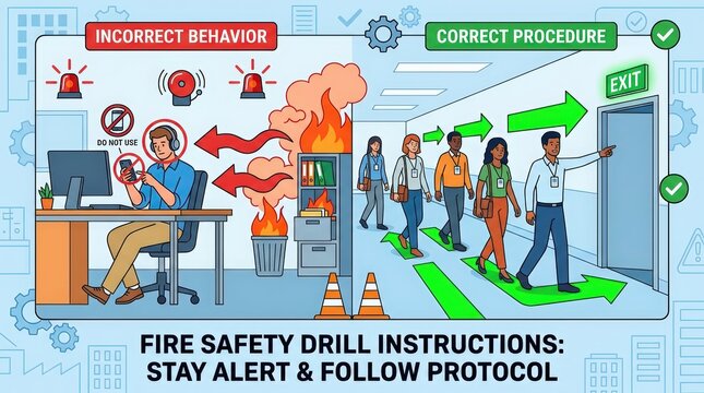 Employee ignoring fire safety instructions contrasted with group following evacuation protocol