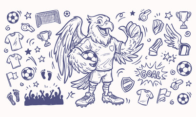 Obraz premium Vector doodle set of eagle soccer player mascots with football equipment and stadium icons. Hand-drawn blue line art collection of cartoon characters and sports elements isolated on a light background