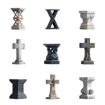 Pow/mia table symbol png with ancient stone crosses and carved pedestal stands in various styles and textures