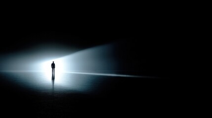 Fototapeta premium A lone silhouette stands in a vast dark expanse, illuminated by a narrow beam of cool light, reflecting on a smooth surf