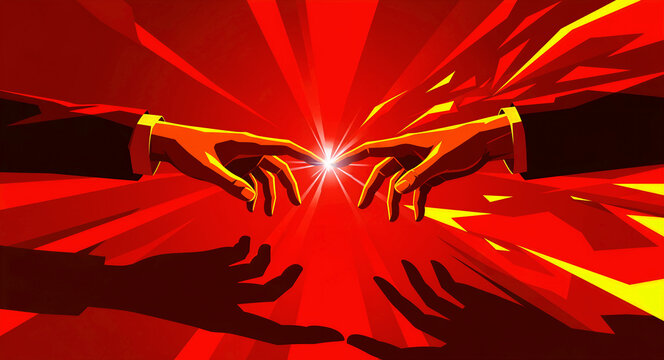 Two business hands reaching to touch with a bright spark. Bold red propaganda style vector illustration. Innovation and partnership concept for corporate leadership marketing.