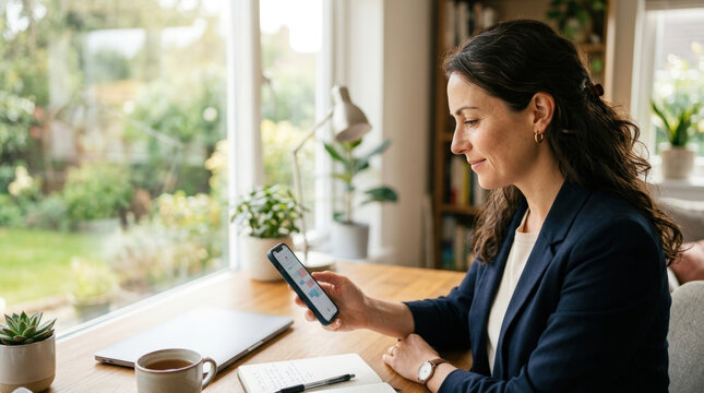 Administrative planner checking appointments on a smartphone at desk