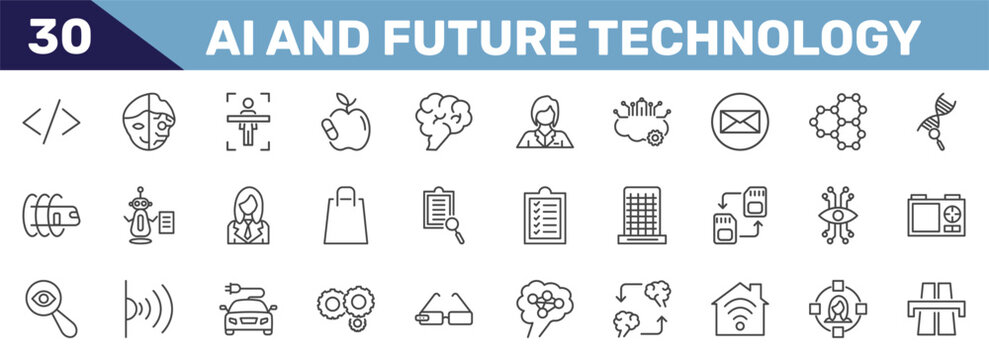 ai and future technology icon set with code, cyborg, body scan, motorway signs in flat outline style