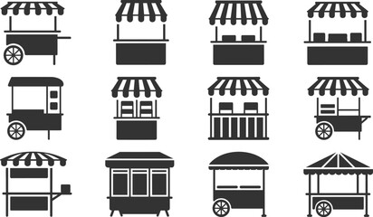 Twelve black and white line art icons representing different types of food stalls and kiosks cart market © Lyli9