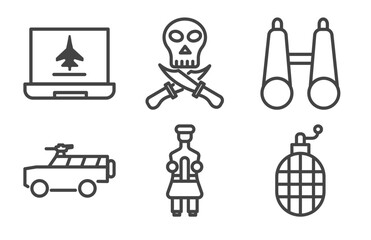 Fototapeta premium military and war and icon set with computer, skull army, armored vehicle, whizbang with rong signs in flat outline style