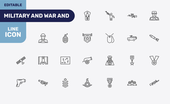 military and war and icon set with conscription, rebellion, air force, bayonet on rifle signs in flat outline style