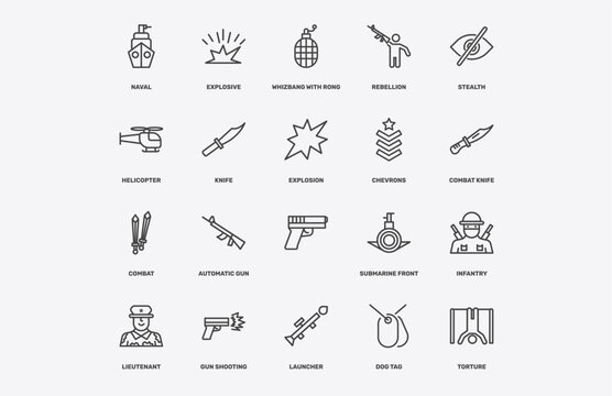 military and war and icon set with naval, explosive, whizbang with rong, combat signs in flat outline style
