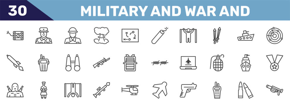 military and war and icon set with time bomb with clock, lieutenant, soldier, grenade launcher signs in flat outline style