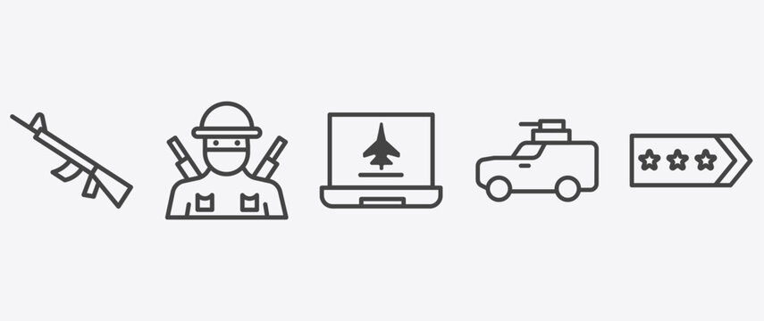 military and war and icon set with infantry, computer, army car, shoulder strap signs in flat outline style