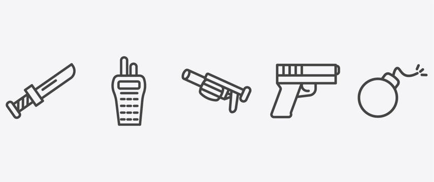 military and war and icon set with militar radio, grenade launcher, , bomb signs in flat outline style