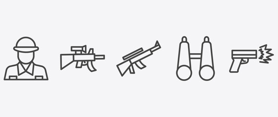 military and war and icon set with assault, rifle, binoculars, gun shooting signs in flat outline style © Abstract
