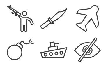Fototapeta premium military and war and icon set with rebellion, knife, bomb, stealth signs in flat outline style