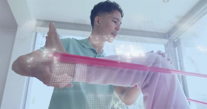 Male caregiver looping pink band and guiding senior woman's leg for therapy with animated overlays