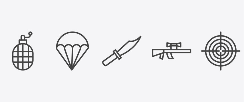 military and war and icon set with parachute, knife, sniper rifle, target signs in flat outline style