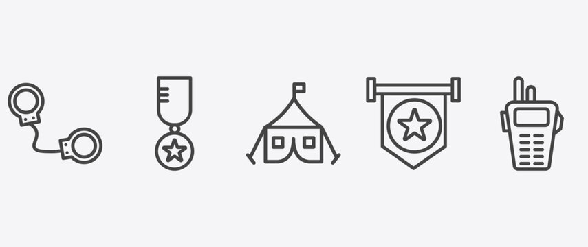 military and war and icon set with in, militar tent, patriot, walkie talkie signs in flat outline style