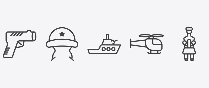 military and war and icon set with military helmet, militar ship, helicopter, signs in flat outline style