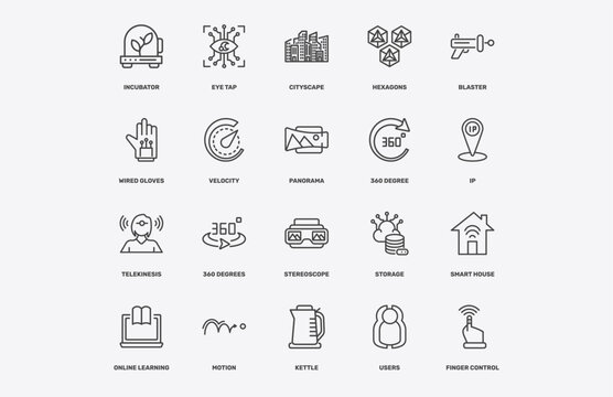 artificial intellegence icon set with incubator, eye tap, cityscape, telekinesis signs in flat outline style