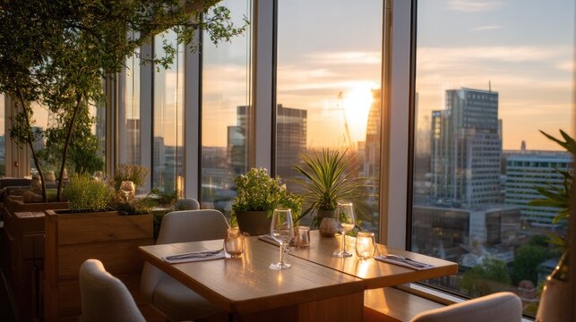 Sunset view from a rooftop restaurant with elegant dining setup overlooking a city skyline and glass walls creating a bright atmosphere