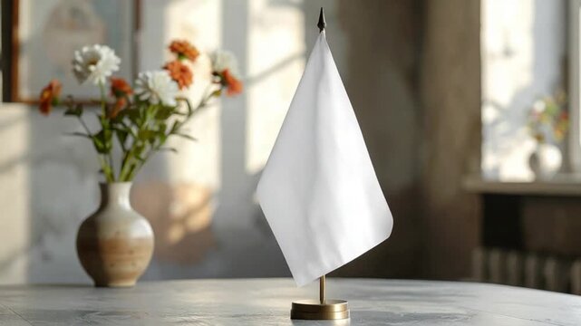 Blank White Table Flag Mockup on Desk with Flowers and Sunlight