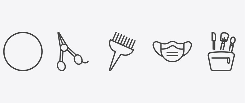beauty and elegance icon set with hair scissors, tint brush, face mask, little makeup box signs in flat outline style