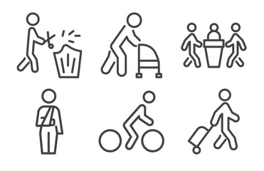 Fototapeta premium behavior and action icon set with prune hedge, old man with cane, fracture arm, man travelling signs in flat outline style