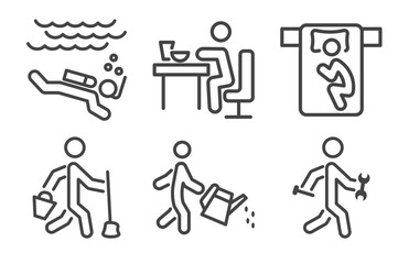 Fototapeta premium behavior and action icon set with man diving, man eating, cleaner man, with tool signs in flat outline style