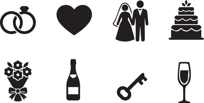 minimalist flat design icons depicting love, marriage, wine, and festive elements ideal for invitations, apps, and marketing materials