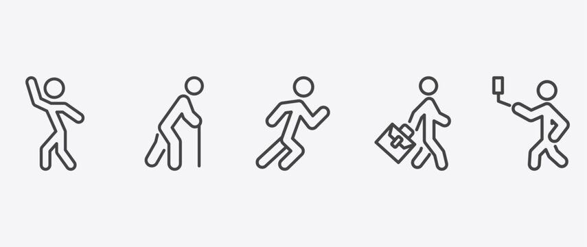 behavior and action icon set with old man walking, stick man running, going to work, man selfie signs in flat outline style