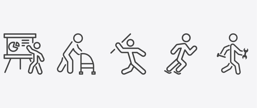 behavior and action icon set with old man with cane, man throwing javelin, man skating, with tool signs in flat outline style