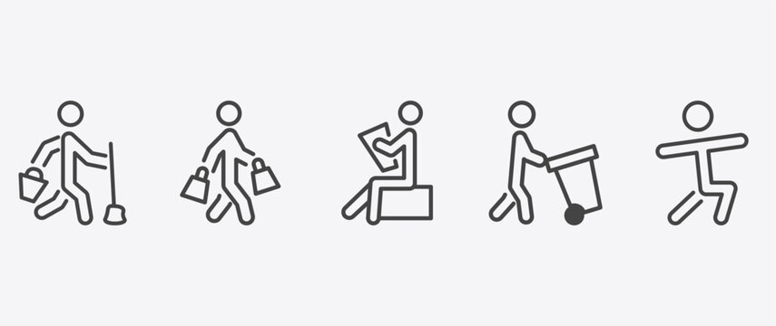 behavior and action icon set with shopper man, stick man reading, carry garbage, man warming up signs in flat outline style