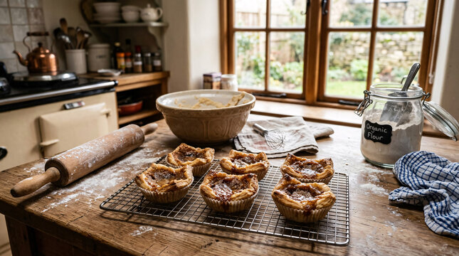 Freshly baked butter tarts cooling on a rustic kitchen table with baking tools and flour.