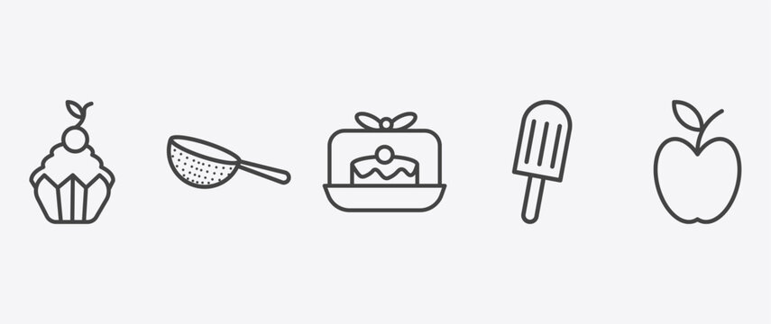 restaurant icon set with strainer with handle, cake box, ice pop, with skin signs in flat outline style