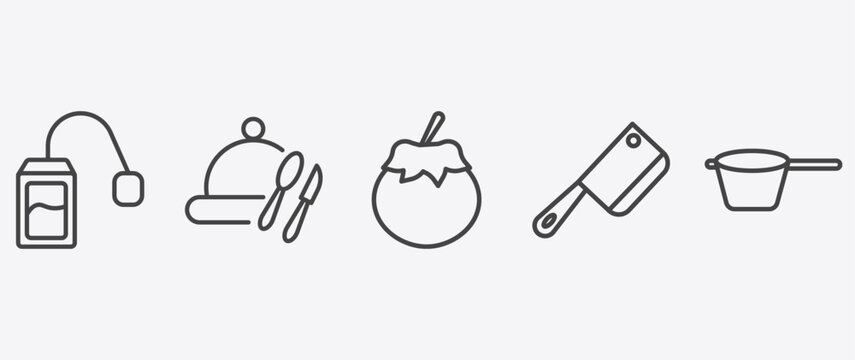restaurant icon set with tray and cover, fresh tomato, butcher knife, lateral pan signs in flat outline style
