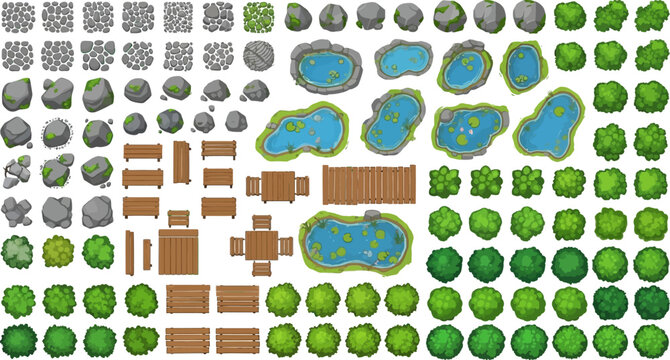 Top down game assets nature set with cartoon rocks ponds trees wooden furniture and bushes vector illustration collection