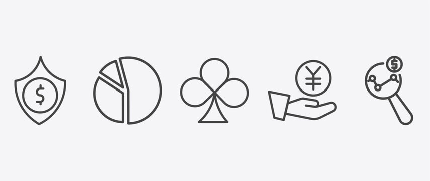 business and analytics icon set with circular chart, club card, yen coin on hands, market research signs in flat outline style