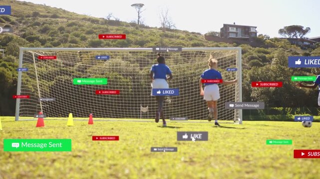 Soccer ball rolling, two girls running and dribbling toward goal, sports drill, UI tags floating
