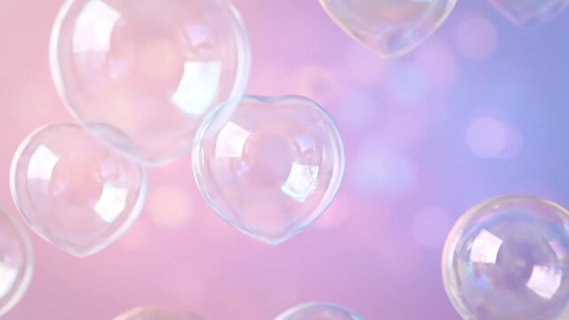 Many clear bubbles float gently in pastel pink and blue background