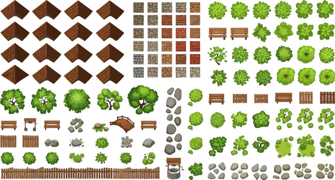 Top down game assets collection featuring roofs trees tiles benches and fences in cartoon vector style for map design