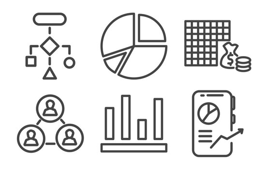 business and analytics icon set with flow chart, portion pie chart, users interconnected, mobile stock data signs in flat outline style