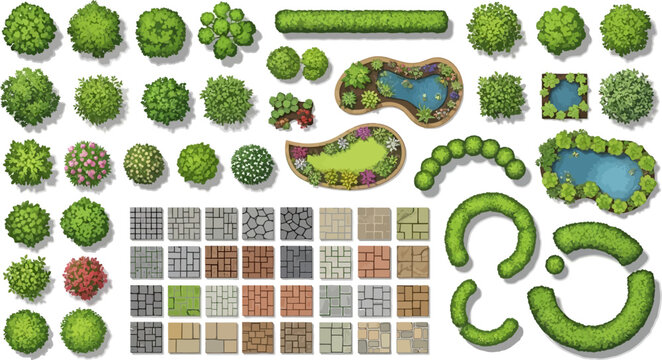 Landscape design elements vector set featuring top view trees shrubs ponds and paving stones for garden planning.