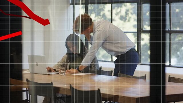 Team reviewing finance man leaning, pointing papers, on phone, causing grid and red graph over them