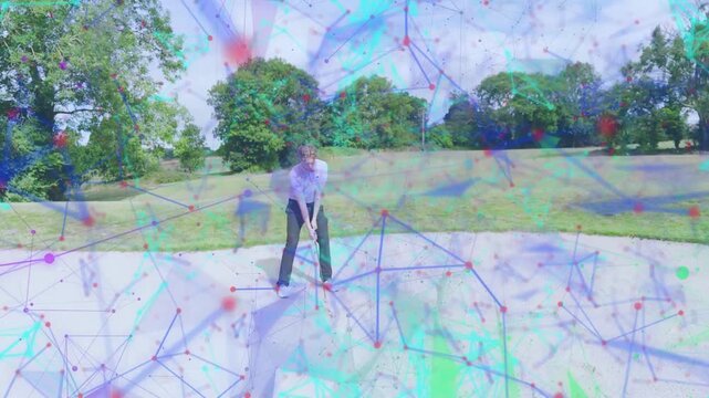 Golfer walking into bunker preparing hitting shot with golf club as overlay drifting, intensifying