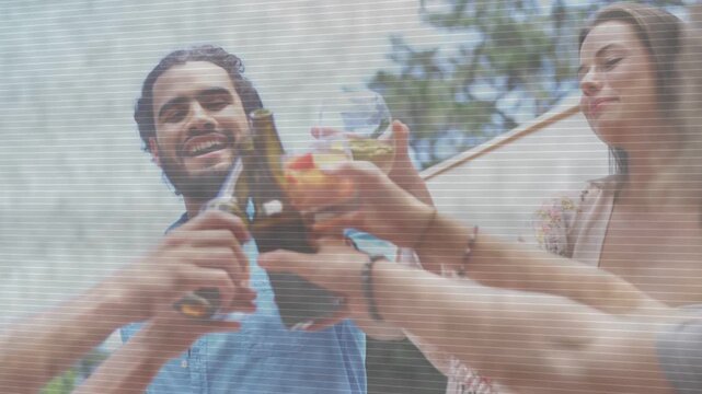 Bearded man calling out, crew toasting bottles on patio, scanline crossing bottles for marketers