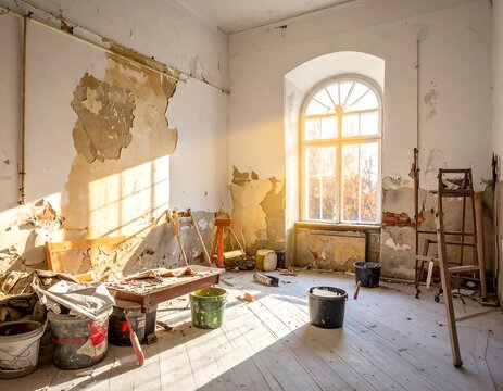Dilapidated room with peeling walls, sunlit arched window, and paint supplies. The floorboards are bare