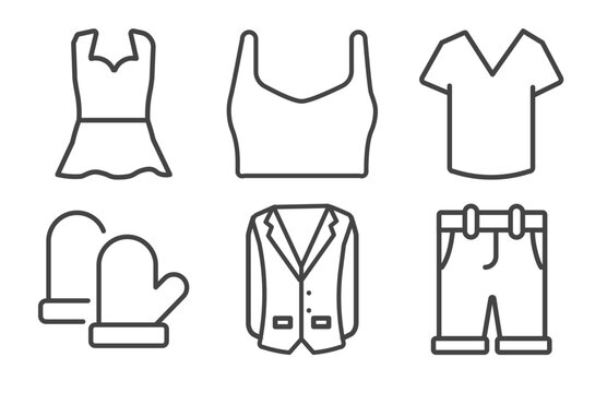 clothes and outfit icon set with peplum top, draped top, wool gloves, chino shorts signs in flat outline style
