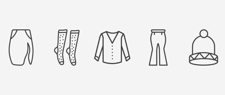 clothes and outfit icon set with women socks, cotton cardigan, flare pants, knit hat with pom pom signs in flat outline style