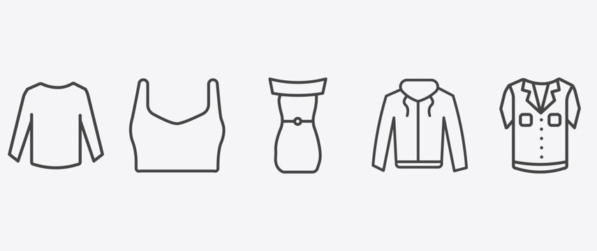 clothes and outfit icon set with draped top, off the shoulder dress, hooded jacket, denim shirt signs in flat outline style
