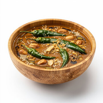 Mirchi ka Salan in Bamboo Bowl Isolated on White Background Square Composition Studio Shot